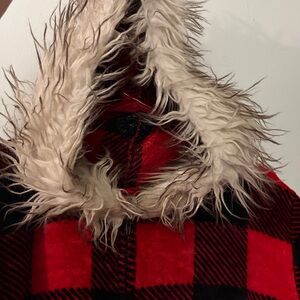 Red and Black soft plaid Onesie with a hooded Faux Fur Trim